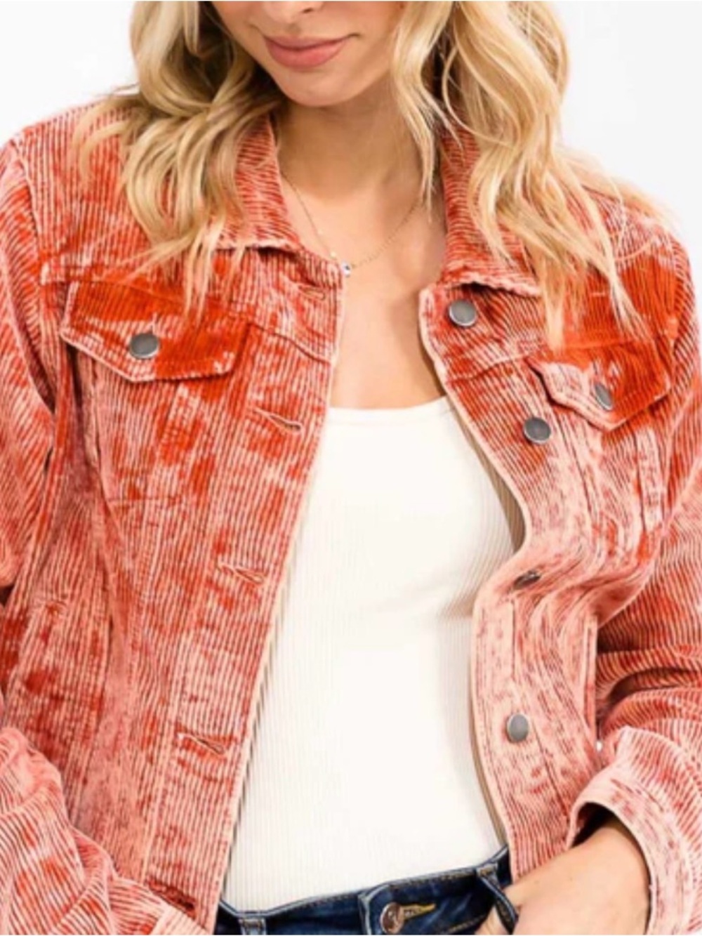 Women's Washed Coral Corduroy Jean Jacket
